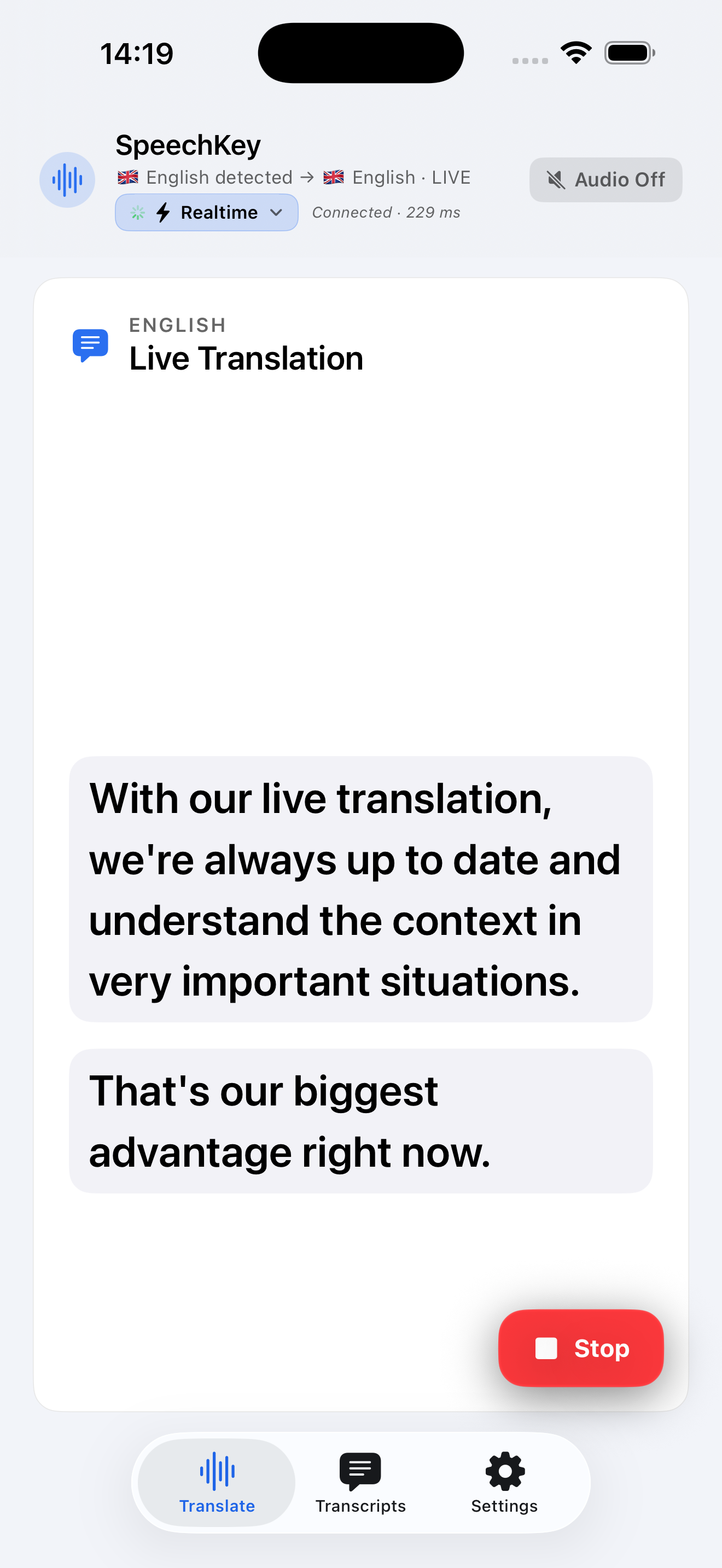 SpeechKey live translation session showing ZH→DE translation with 229ms latency